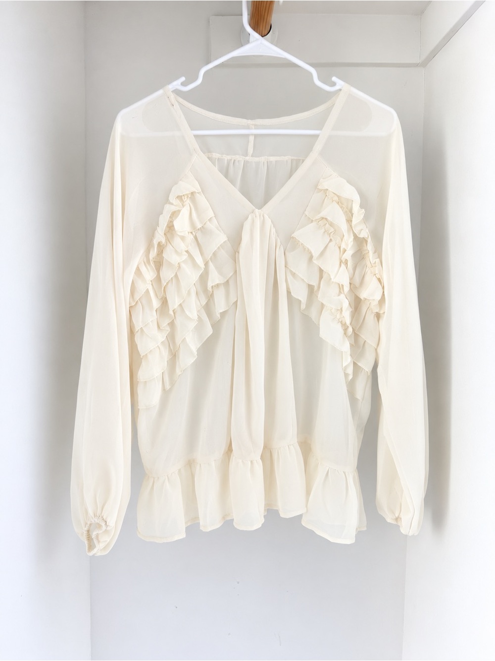 Cream Ruffle V-Neck Blouse - Women's Top
